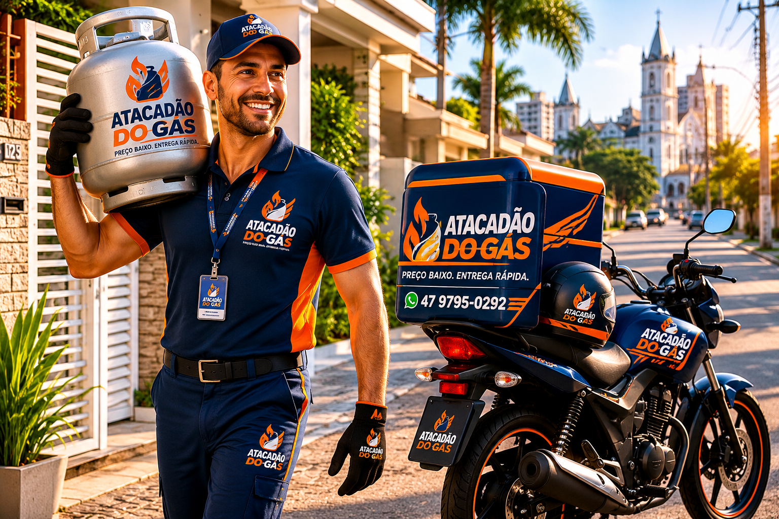 Entregador do Atacadão do Gás levando botijão em Itajaí