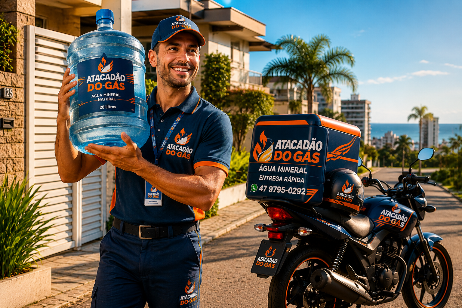 Entregador do Atacadão do Gás com galão de água mineral 20 litros